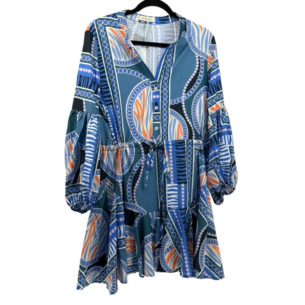 Patterned Blue and Orange Dress - Picture 2 of 11